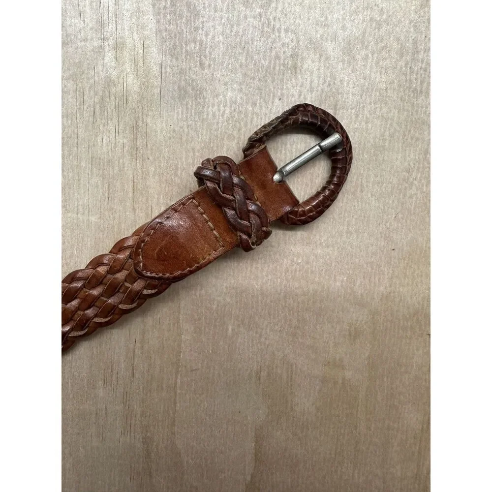Vintage Brown Braided‎ Leather Belt Sz M L Made In Turkey Leather Buckle